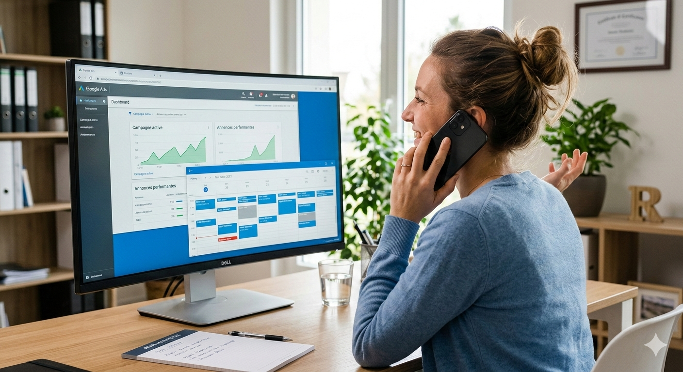 Entrepreneuse recevant des appels grâce à son site web